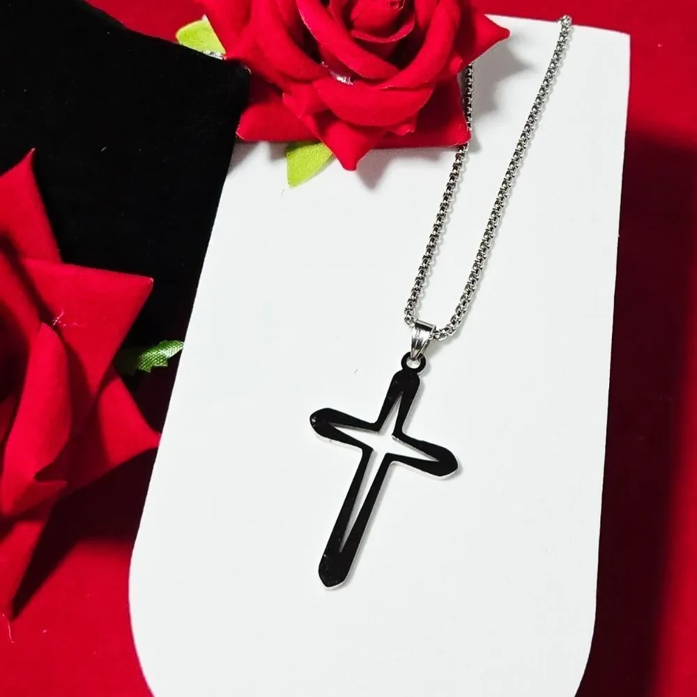 Silver Hollow Cross Pendant Necklace Stainless Steel Unisex Box Chain Jewelry